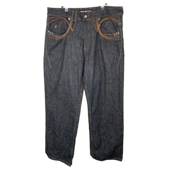 Rocawear Mens Black Denim Jeans W/ Colorful Stitching, 38 - Picture 1 of 12